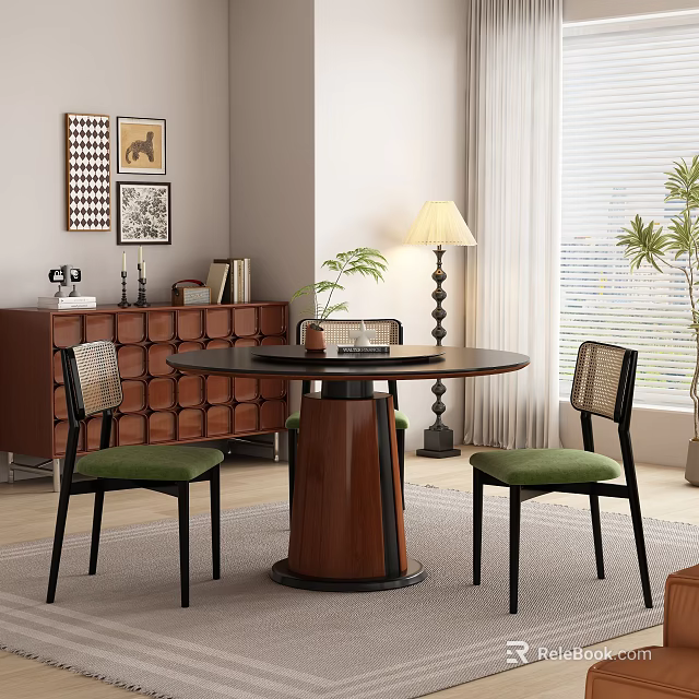 Elegant Dining Room Interior With Round Table Green Cushioned Chairs Brown Cabinet And Decorative Paintings 3d model 