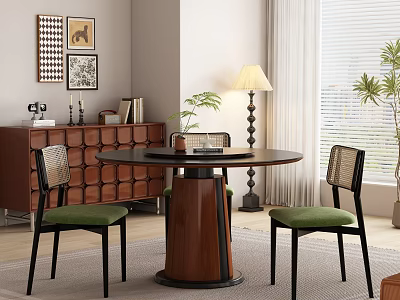 Elegant Dining Room Interior With Round Table Green Cushioned Chairs Brown Cabinet And Decorative Paintings 3d model
