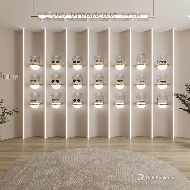 Modern Display Shelves With Illuminated Eyewear On White Curved Wall Design 3d model 
