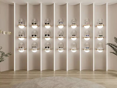 Modern Display Shelves With Illuminated Eyewear On White Curved Wall Design 3d model