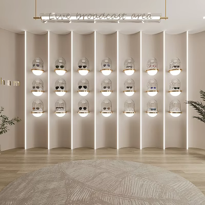 Modern Display Shelves With Illuminated Eyewear On White Curved Wall Design 3d model