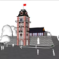 Historic Clock Tower with Red Flag in Plaza Near Traditional Building and Trees