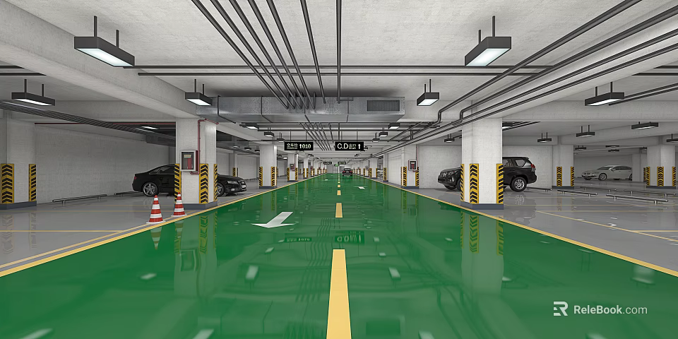 Modern Underground Parking Garage With Green Floor White Arrows Yellow Lines And Direction Signs 3d model 