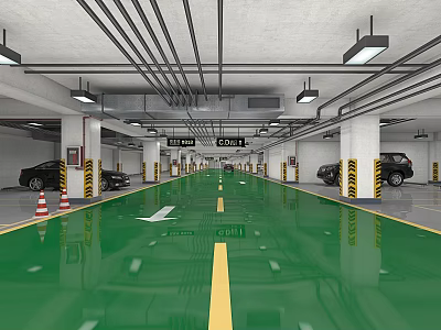 Modern Underground Parking Garage With Green Floor White Arrows Yellow Lines And Direction Signs 3d model