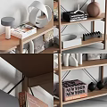 Elegant Decorative Ornament Set on Wooden Shelf with Geometric Pieces Books and Bowls