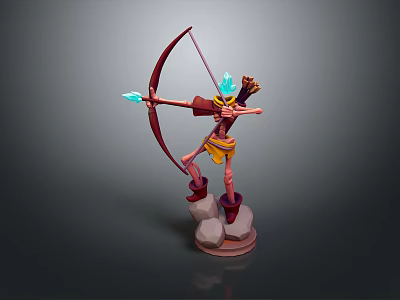3D Animated Game Archer Character With Crystal Bow Yellow Shorts And Stone Base 3d model