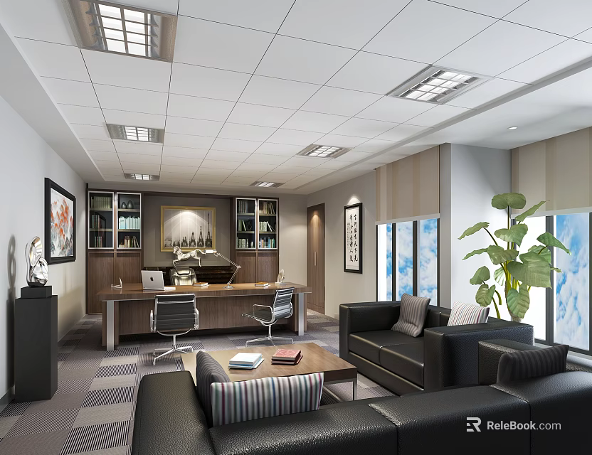 Modern Office Interior with Executive Desk Sofa Green Plant and Large Windows 3d model 