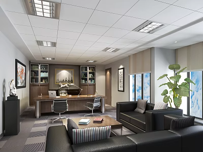 Modern Office Interior with Executive Desk Sofa Green Plant and Large Windows 3d model