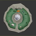 Cartoon Circus Scene With Circular Layout Colorful Tents Central Big Top And Green Trees