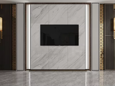 Modern Marble TV Wall Design With Decorative Panels And Golden Accents 3d model