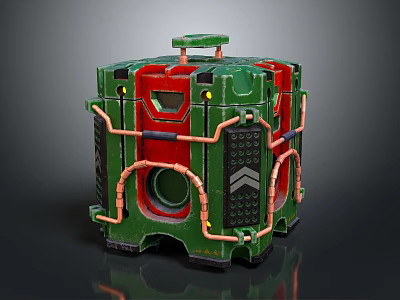 Green Cube Shaped Industrial Equipment With Red Accents Metallic Pipes And Control Panel 3d model