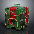 Green Cube Shaped Industrial Equipment With Red Accents Metallic Pipes And Control Panel
