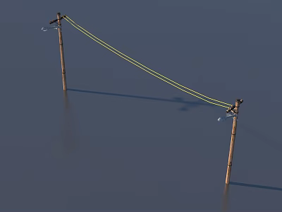 Wooden Poles With Yellow Rope Connected As Clothesline With Ground Reflection Against Gray Background 3d model