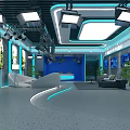 Modern School Interior Space With Blue Lighting Sofa Round Seats Large Screens And Green Plants