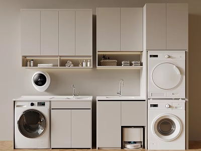 Modern Laundry Room Interior Design With Washing Machines And Cabinet Storage 3d model