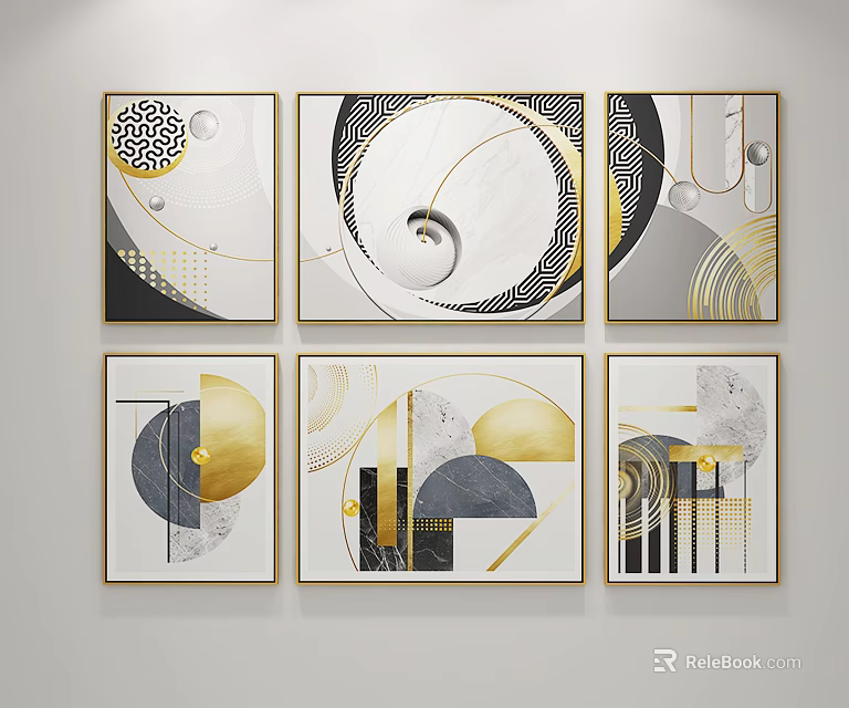 Modern Abstract Wall Art Six Panel Set With Geometric Patterns Gold Black White 3d model