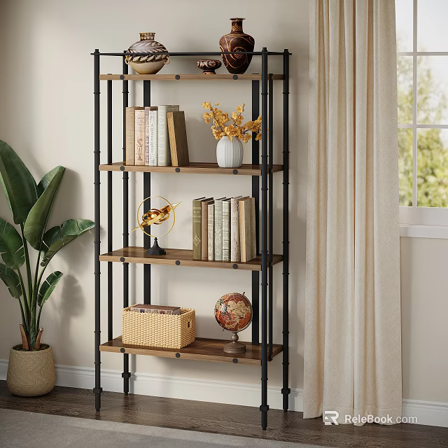Stylish Bookshelf With Wooden Shelves Metal Frame Books Vase Globe Woven Basket And Green Plant 3d model 