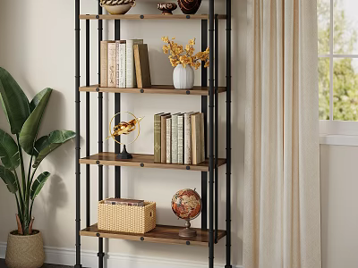 Stylish Bookshelf With Wooden Shelves Metal Frame Books Vase Globe Woven Basket And Green Plant 3d model