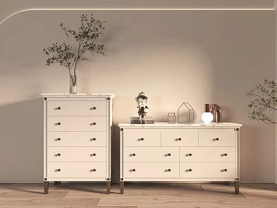 Modern White Wooden Entryway Cabinet And Side Cabinet With Drawers Decorative Vase And Plants 3d model