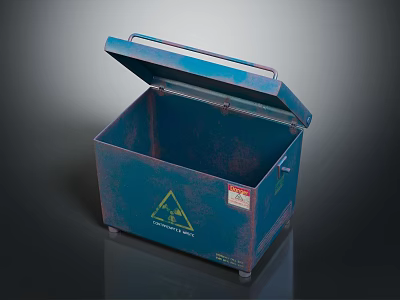 Blue Hazardous Materials Storage Container With Open Lid And Warning Sign 3d model