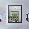 Modern Interior Space Featuring White Pillar Lattice Screen Green Plants Round Table And Laptop