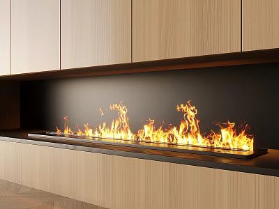 Modern Linear Fireplace With Burning Flames In Wooden Cabinet Interior 3d model