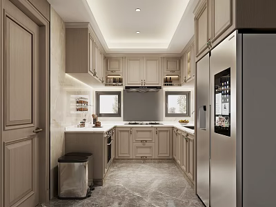 Modern Kitchen Interior With Light Wood Cabinets Stainless Steel Refrigerator Marble Floor And Windows 3d model