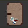 Brown Textured Suitcase With Red Straps Edges And Travel Stickers For Daily Use