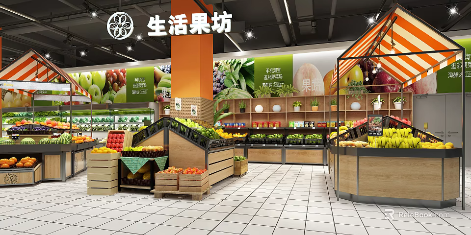 Supermarket Grocery Produce Section with Fresh Fruits Vegetables and Organized Wooden Shelves 3d model 
