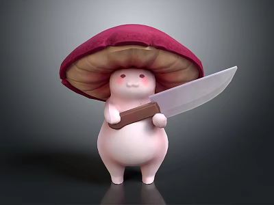 Cute Mushroom Cartoon Character Holding Sharp Knife With Red Hat And White Body 3d model
