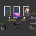 Modern Office Desk With Computer Monitor Keyboard Mouse Speakers Bookshelf Potted Plant And Framed Paintings