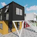 Multi Colored Container Building Design With Balcony Staircase And Green Lawn 3d model