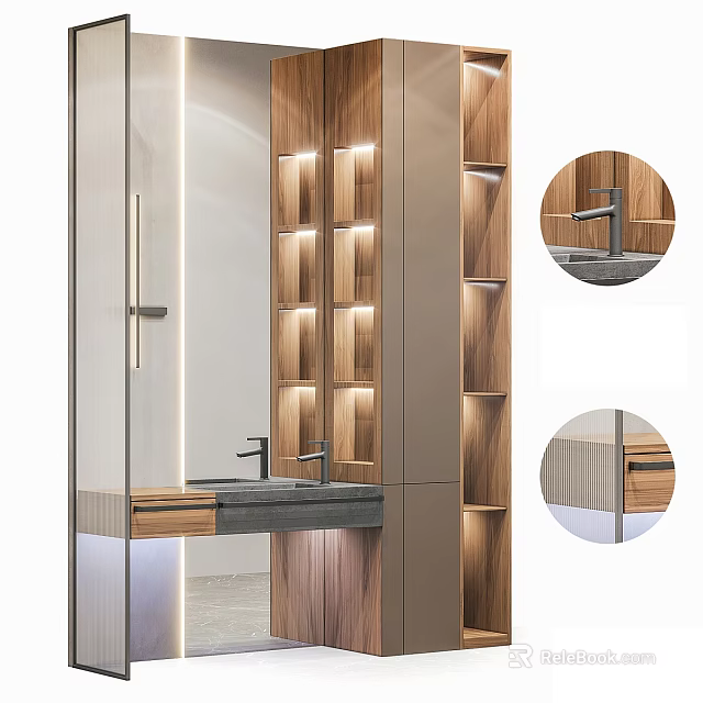 Elegant Modern Bathroom Vanity With Wooden Wall LED Lighting And Glass Door 3d model 