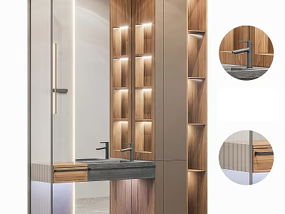 Elegant Modern Bathroom Vanity With Wooden Wall LED Lighting And Glass Door 3d model