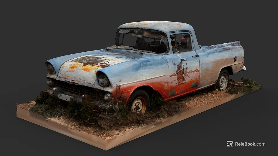 Old Rusty Pickup Truck Model On Display Base With Surrounding Vegetation 3d model