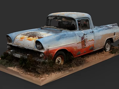Old Rusty Pickup Truck Model On Display Base With Surrounding Vegetation 3d model