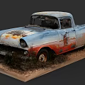 Old Rusty Pickup Truck Model On Display Base With Surrounding Vegetation 3d model