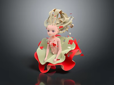 Fantasy Female Character With Golden Curly Flowing Hair Green Red Petal Dress And Floating Fragments 3d model
