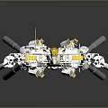 3D Model Of Futuristic Silver And Yellow Mechanical Spaceship With Gun Barrels Sleek Reflective Design