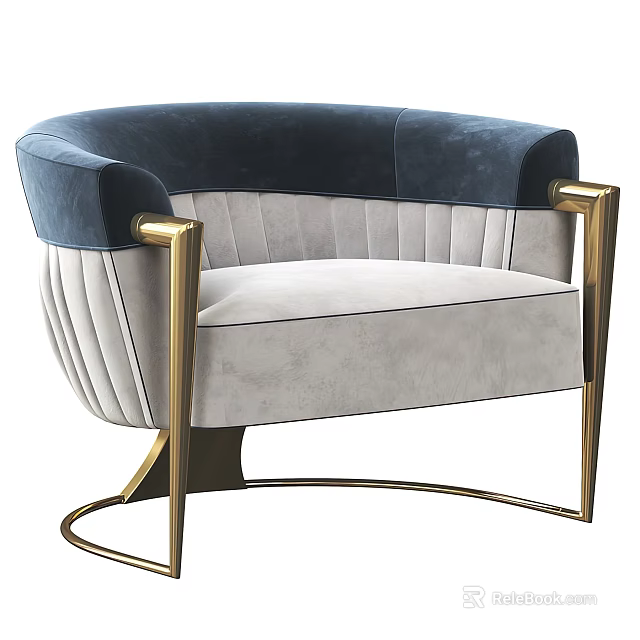 Luxury Modern Single Seater Sofa With Deep Blue Light Gray Velvet And Gold Metal Frame 3d model 