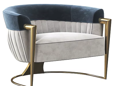 Luxury Modern Single Seater Sofa With Deep Blue Light Gray Velvet And Gold Metal Frame 3d model