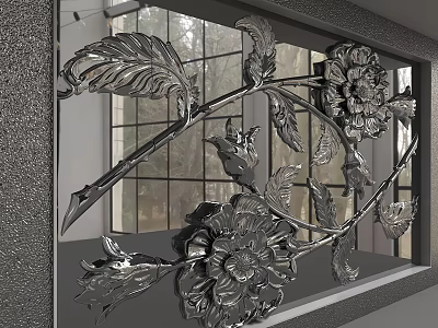 Intricate Metal Carved Background Wall With Floral And Leaf Patterns And Glass Window Backdrop 3d model