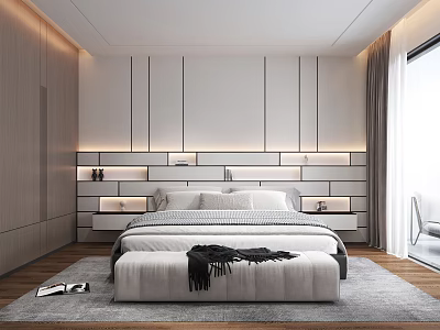 Modern Minimalist Bedroom Interior With Paneled Headboard Wall Built In Shelves And Bench On Rug 3d model