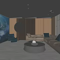 Home Theater Design with Large Screen Starry Sky Wooden Wall Gray Sofa Round Coffee Table
