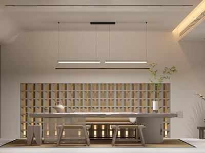 Minimalist Tea Room Interior With Wooden Table Stools Grid Wall Hanging Lights And Green Plant 3d model