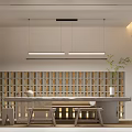 Minimalist Tea Room Interior With Wooden Table Stools Grid Wall Hanging Lights And Green Plant