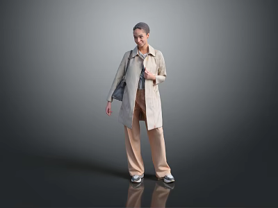 Woman Wearing Beige Trench Coat And Brown Pants On Gray Reflective Floor 3d model