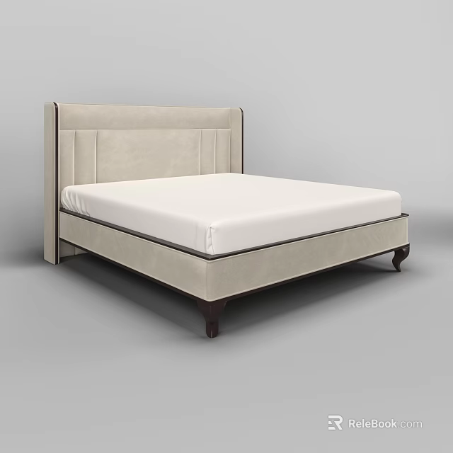 Modern Double Bed With Upholstered Beige Headboard And Wooden Legs 3d model 
