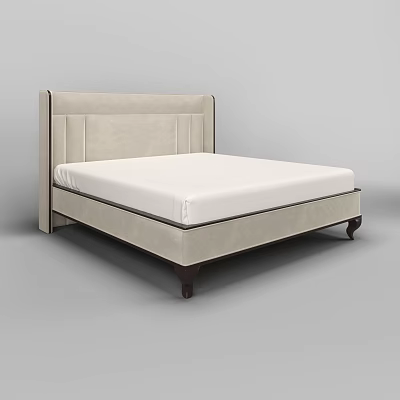 Modern Double Bed With Upholstered Beige Headboard And Wooden Legs 3d model