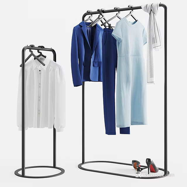 Metal Standing Hanger With Blue Suit White Shirt Dress And T Shirt For Home Organization 3d model 